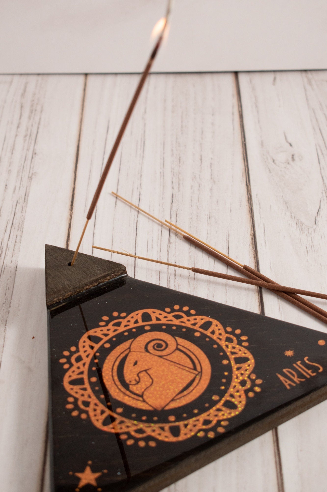 VIRGO Incense Holder. It's a triangle tray with a Virgo Zodiac Sign. Handmade with wood & Resin, resistant to the fire/heat. Espresso Color