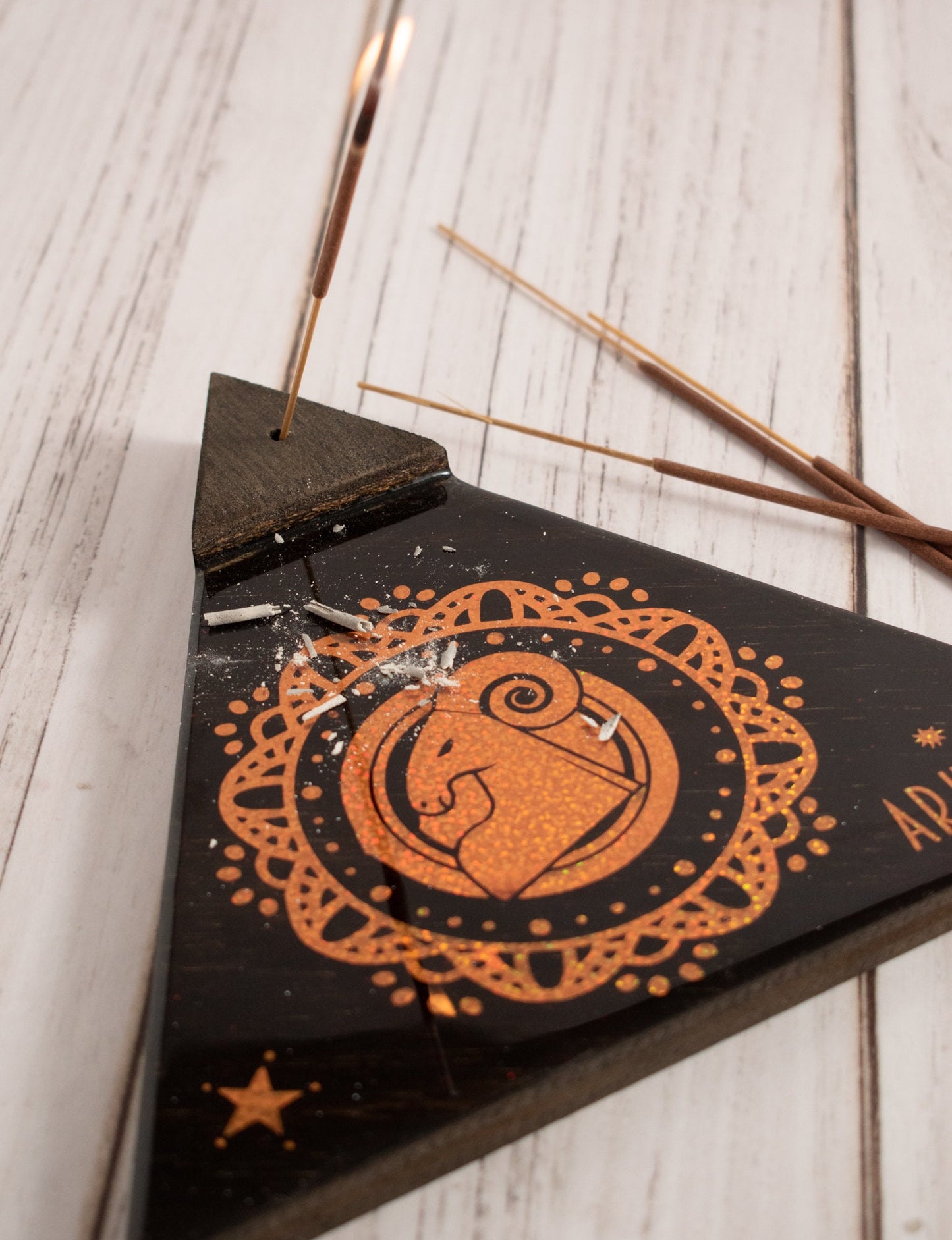 SAGITTARIUS Incense Holder. It's a triangle tray with a Sagittarius Zodiac Sign. Handmade Wood & Resin, resistant to the fire/heat.Espresso