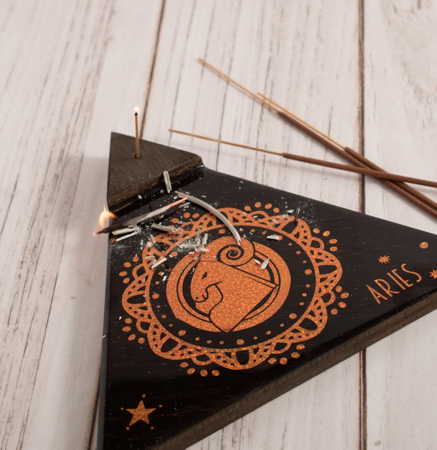 SAGITTARIUS Incense Holder. It's a triangle tray with a Sagittarius Zodiac Sign. Handmade Wood & Resin, resistant to the fire/heat.Espresso