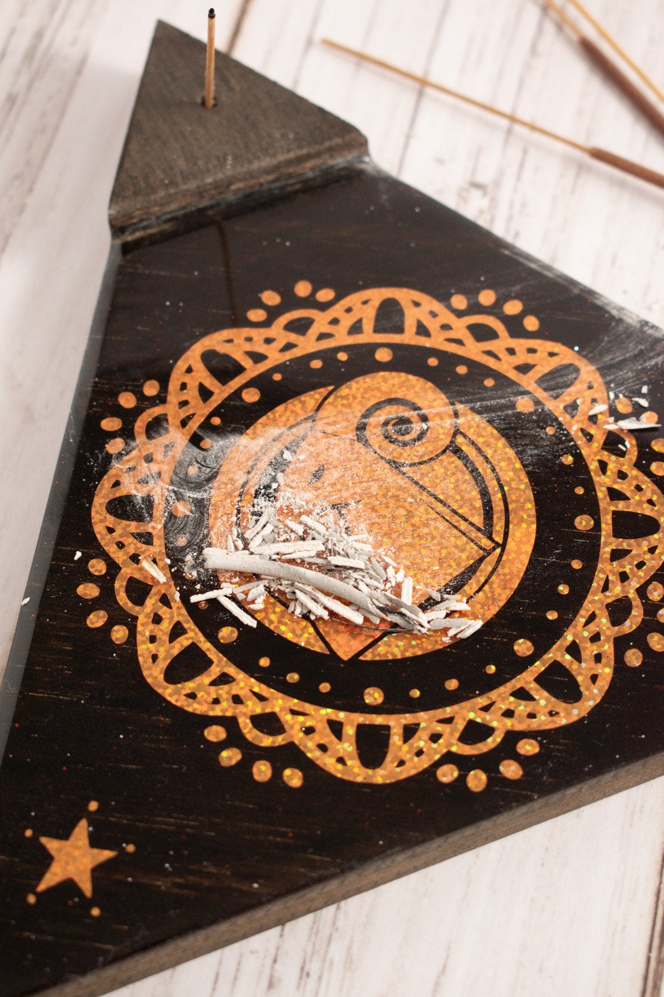 VIRGO Incense Holder. It's a triangle tray with a Virgo Zodiac Sign. Handmade with wood & Resin, resistant to the fire/heat. Espresso Color