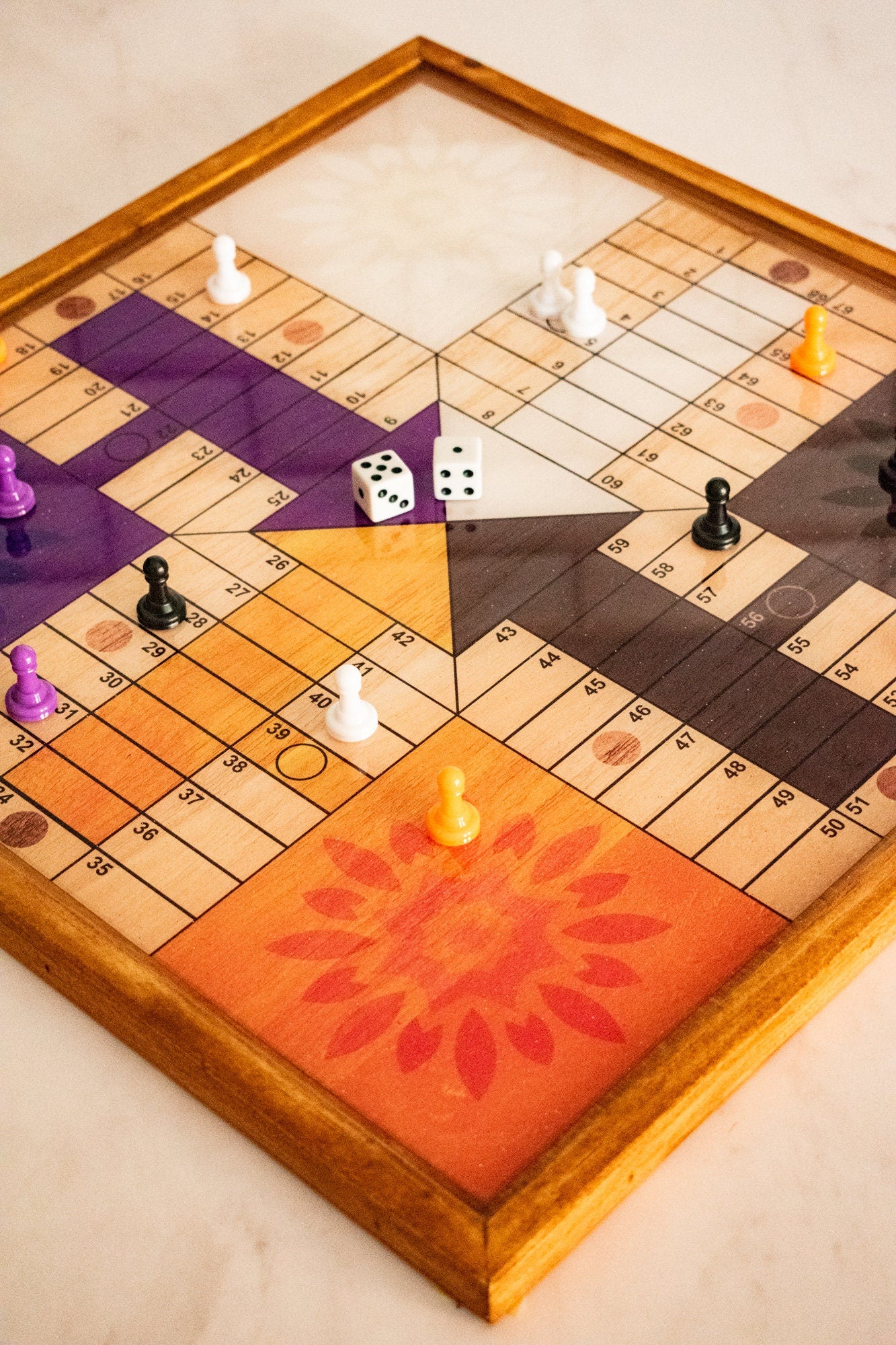 Parcheesi Board for 4 players - ORIGINAL CLASSIC BOARD. Hand Made with wood & Resin. Yellow ,Blue, Green, Red Colors