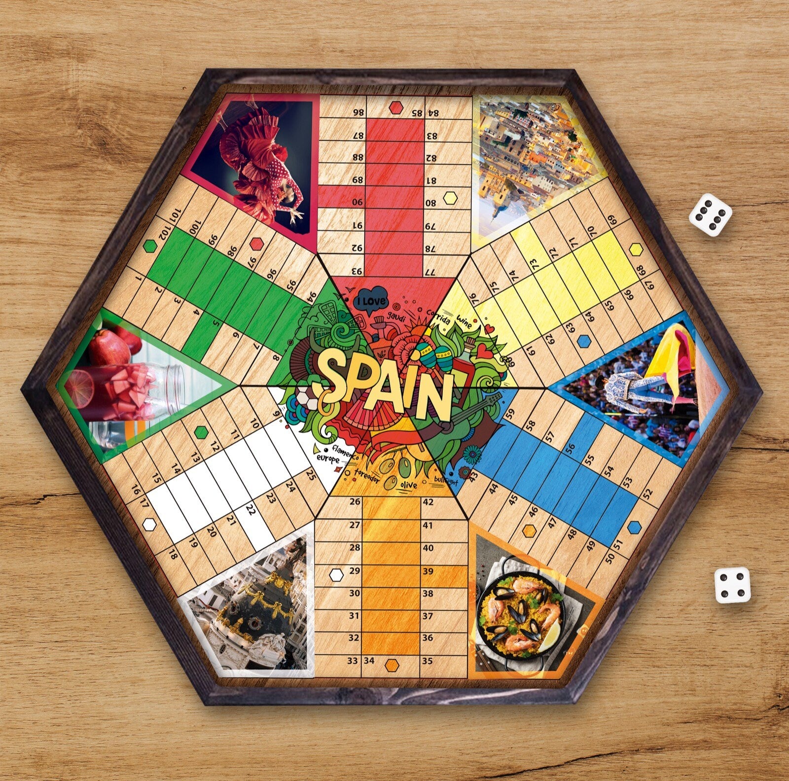 Parcheesi Board for 6 players - SPAIN BOARD. Hand Made with wood & Res