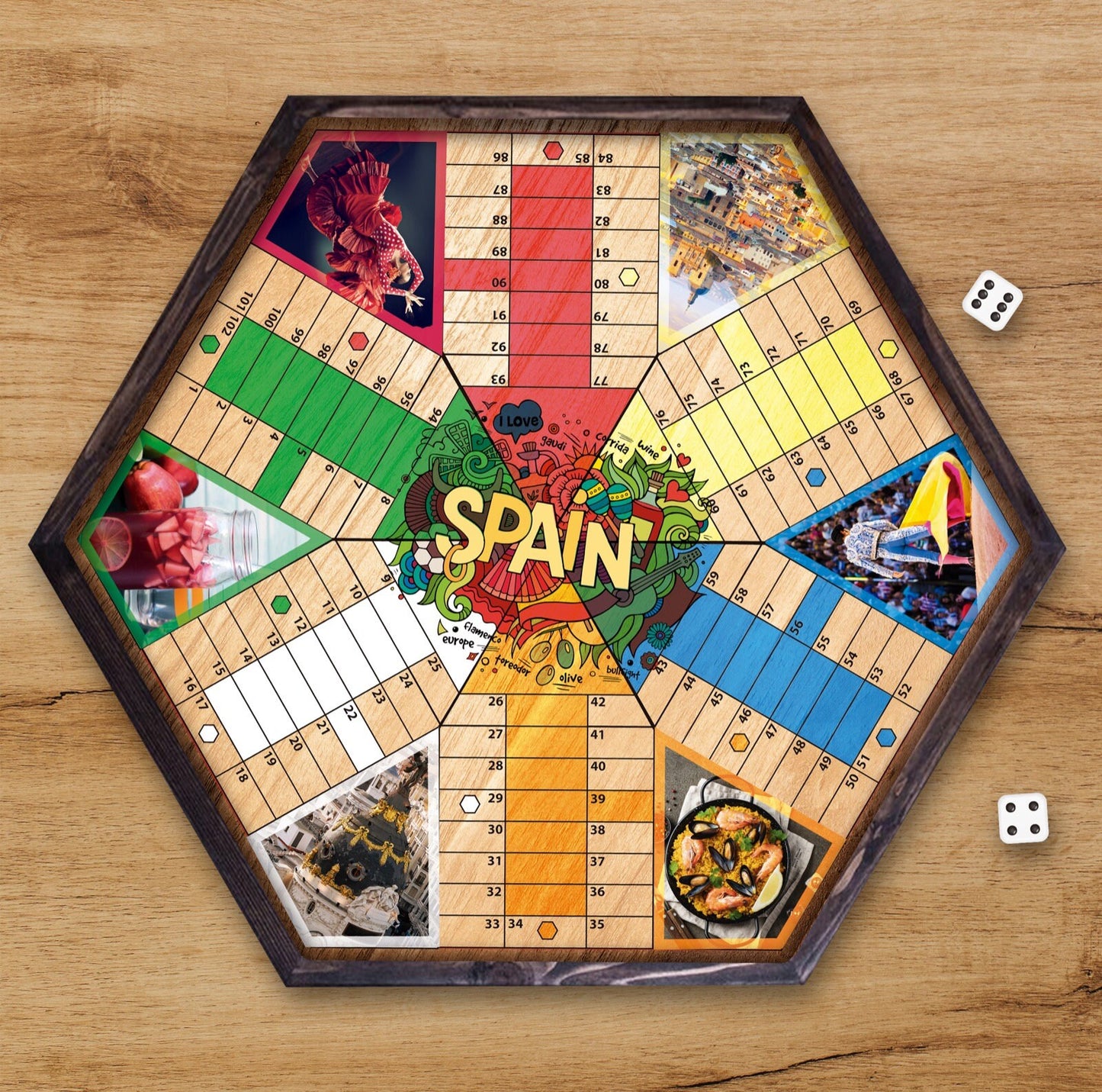 Parcheesi Board for 6 players - SPAIN BOARD. Hand Made with wood & Resin.