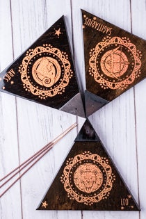 SAGITTARIUS Incense Holder. It's a triangle tray with a Sagittarius Zodiac Sign. Handmade Wood & Resin, resistant to the fire/heat.Espresso