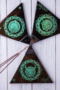 TAURUS Incense Holder. It's a triangle tray with a Taurus Zodiac Sign. Handmade with wood & Resin, resistant to the fire/heat.Espresso Color