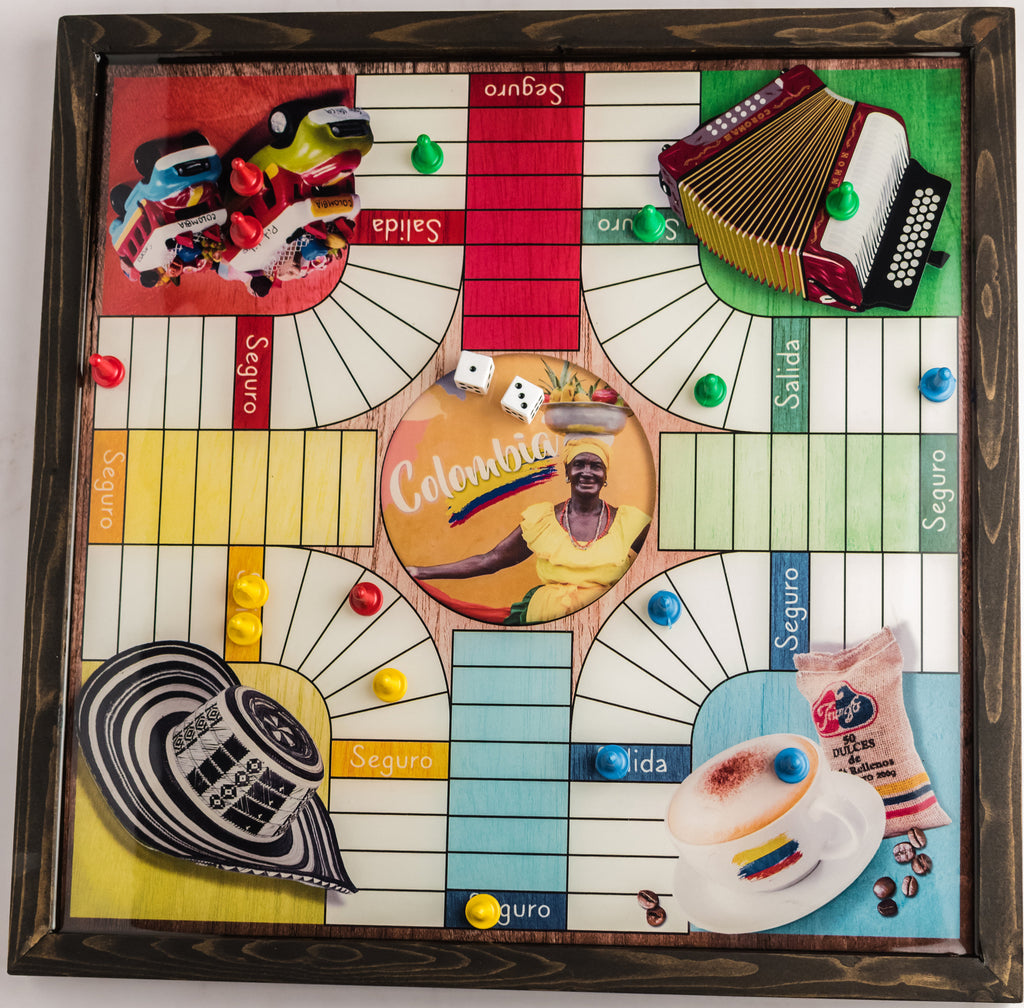 Parcheesi Board for 4 players - COLOMBIA BOARD. Hand Made with wood, Resin & Glitter.
