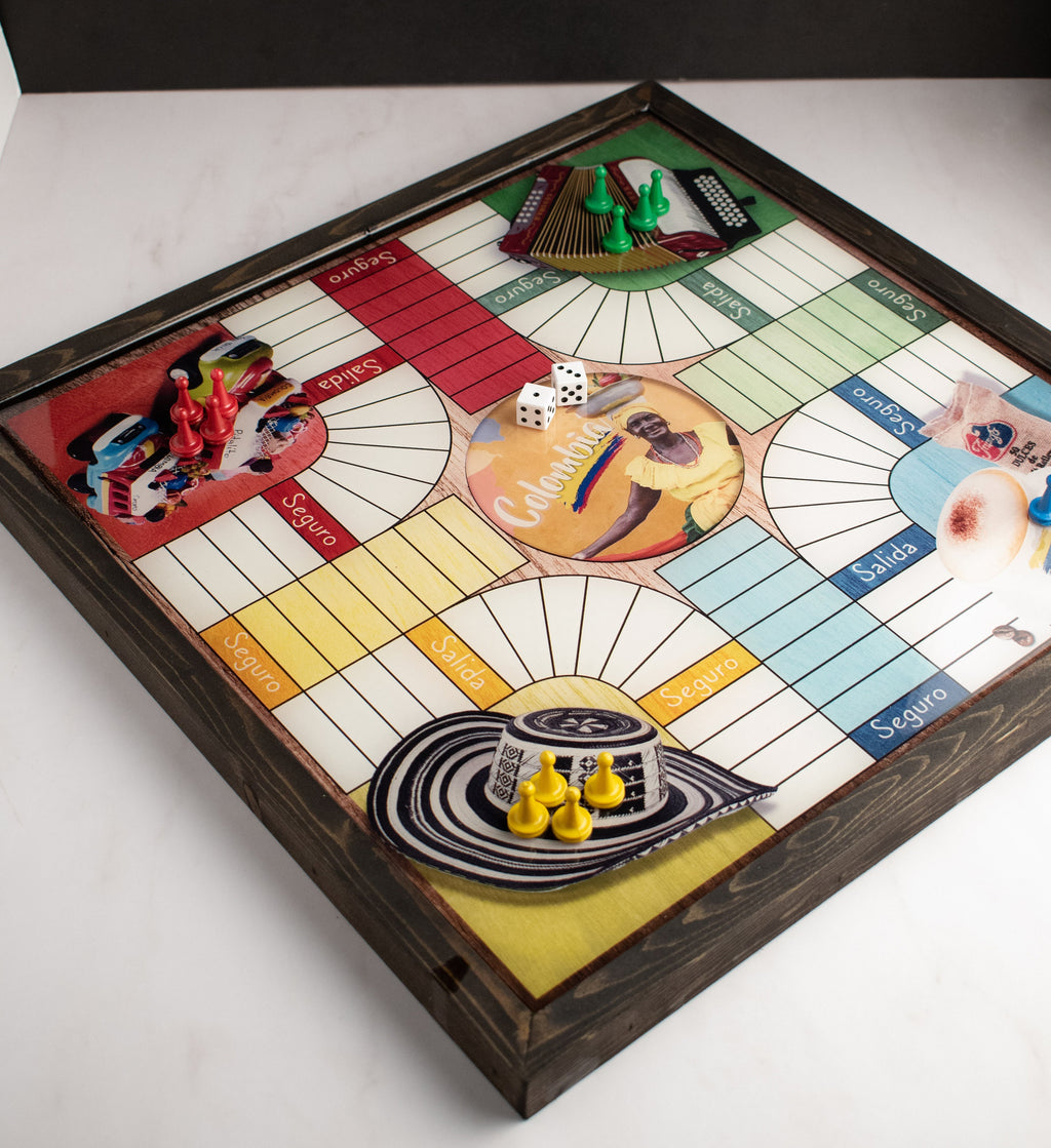 Parcheesi Board for 4 players - COLOMBIA BOARD. Hand Made with wood, glitter & Resin. Ready to Send. Natural Color