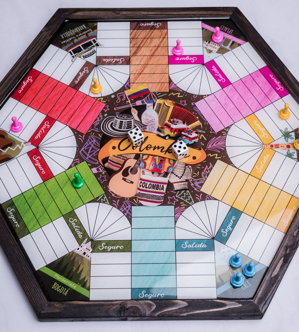 Parcheesi Board for 6 players - COLOMBIA BOARD. Hand Made with wood, Resin & Glitter.