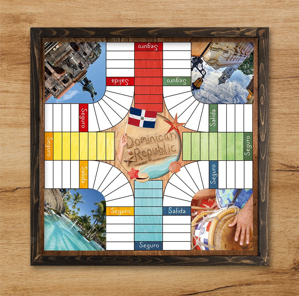 Parcheesi Board for 4 players - DOMINICAN REPUBLIC BOARD. Hand Made with wood, Resin & Glitter.
