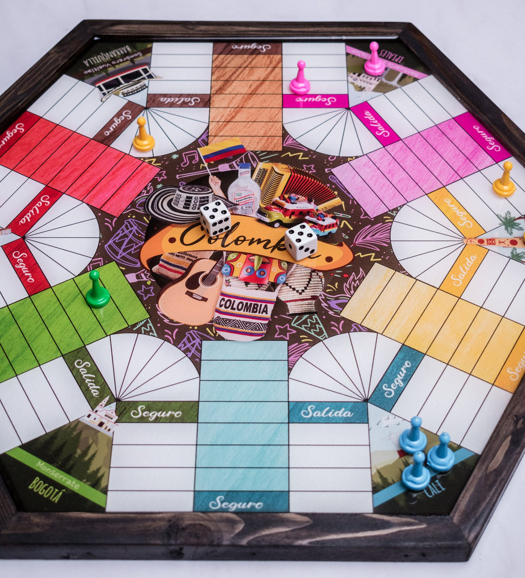 Parcheesi Board for 6 players - COLOMBIA BOARD. Hand Made with wood, Resin & Glitter.
