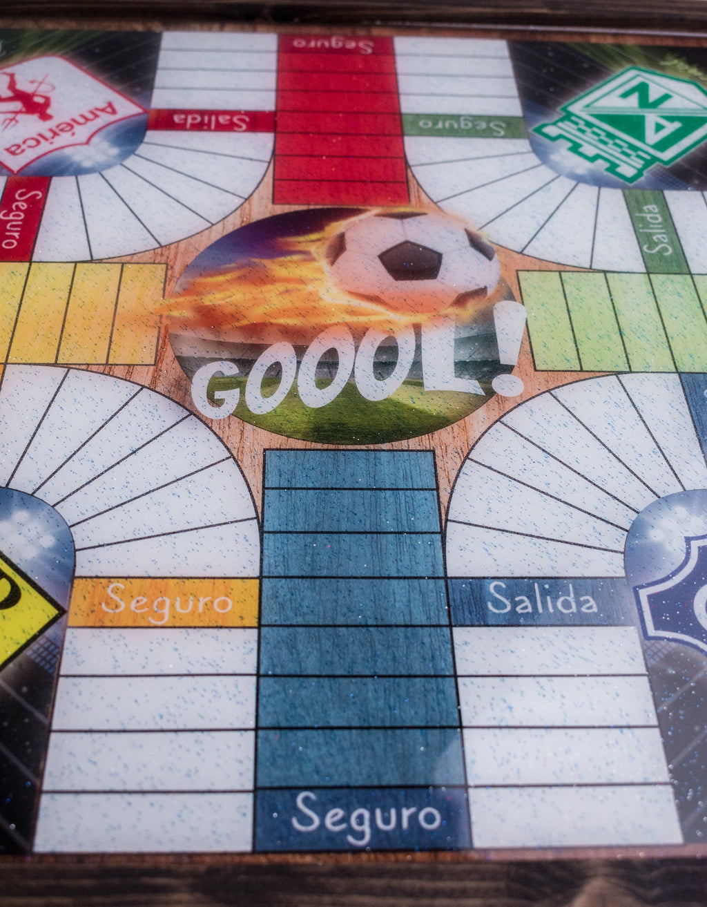 Parcheesi Board for 4 players - COLOMBIAN SOCCER Teams Board. Hand Made with wood, Resin & Glitter.