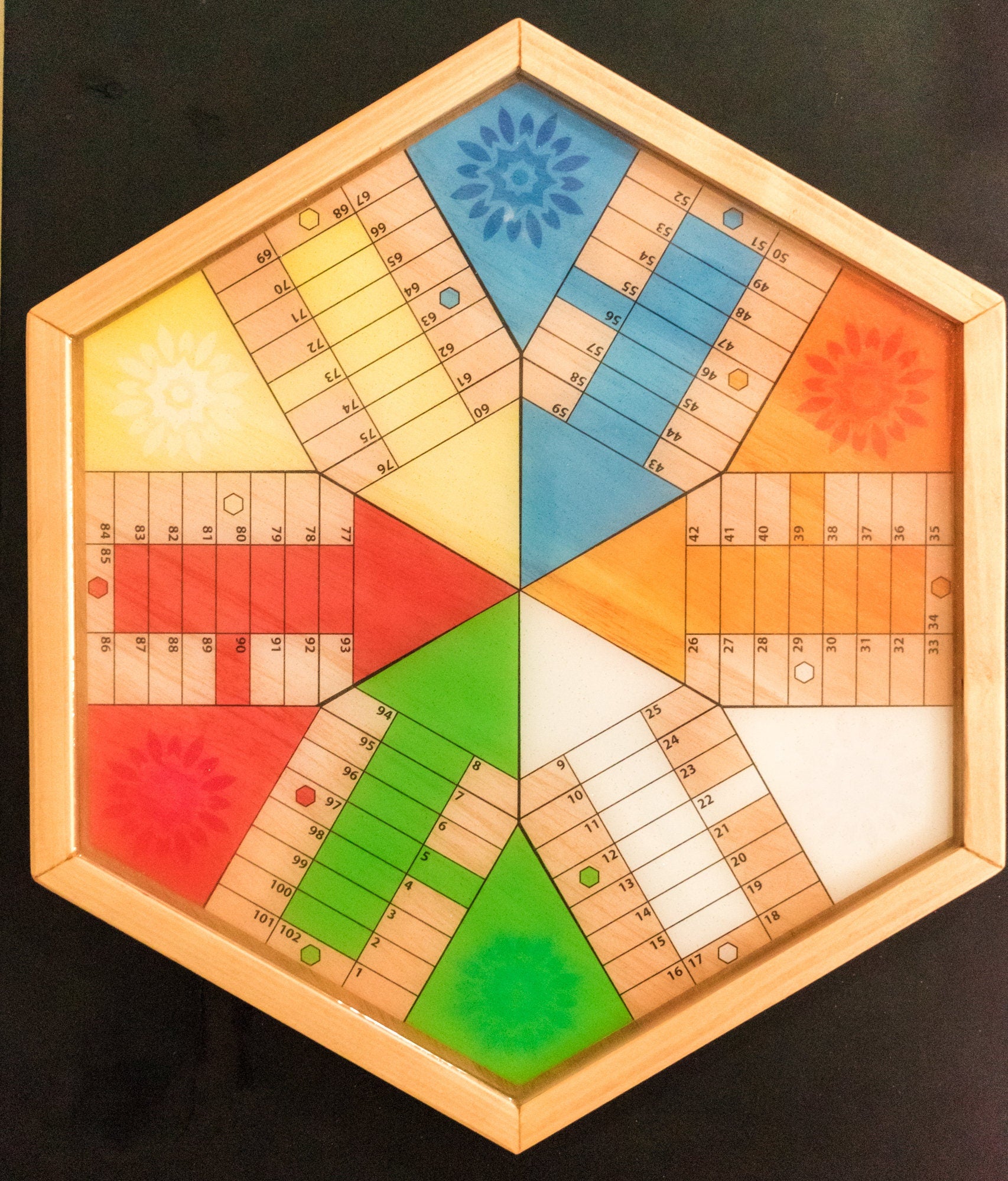 Parcheesi Board for 6 players - ORIGINAL CLASSIC BOARD. Hand Made with Wood, Resin & Glitter