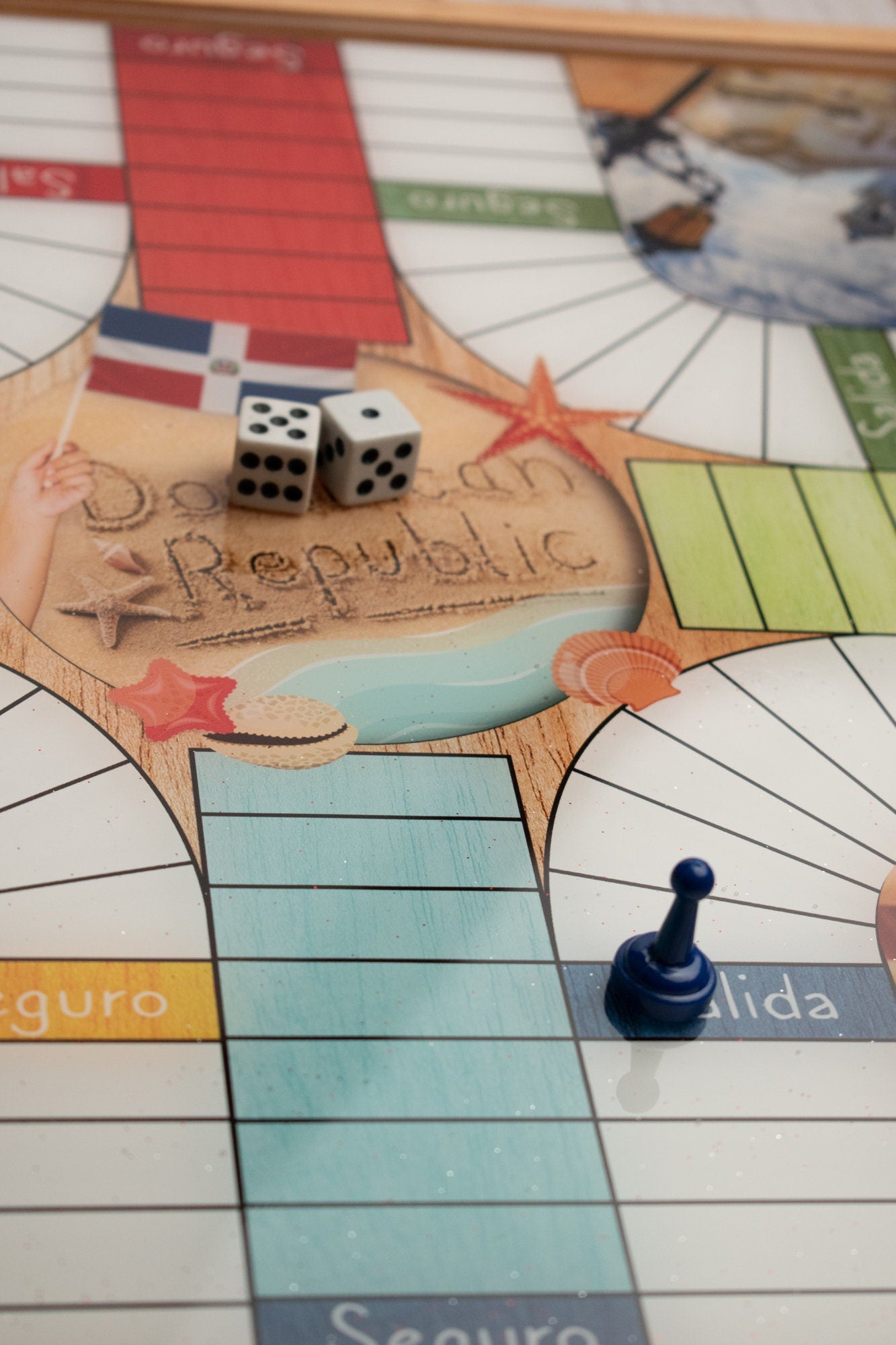 Parcheesi Board for 4 players - DOMINICAN REPUBLIC BOARD. Hand Made with wood, Resin & Glitter.