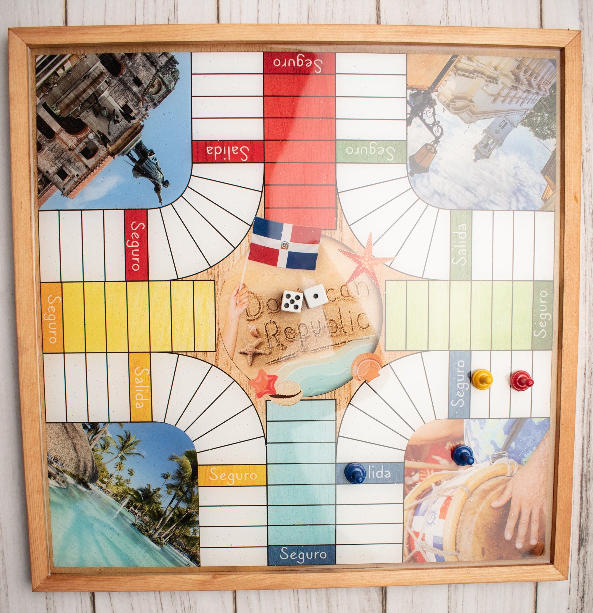 Parcheesi Board for 4 players - DOMINICAN REPUBLIC BOARD. Hand Made with wood, Resin & Glitter.