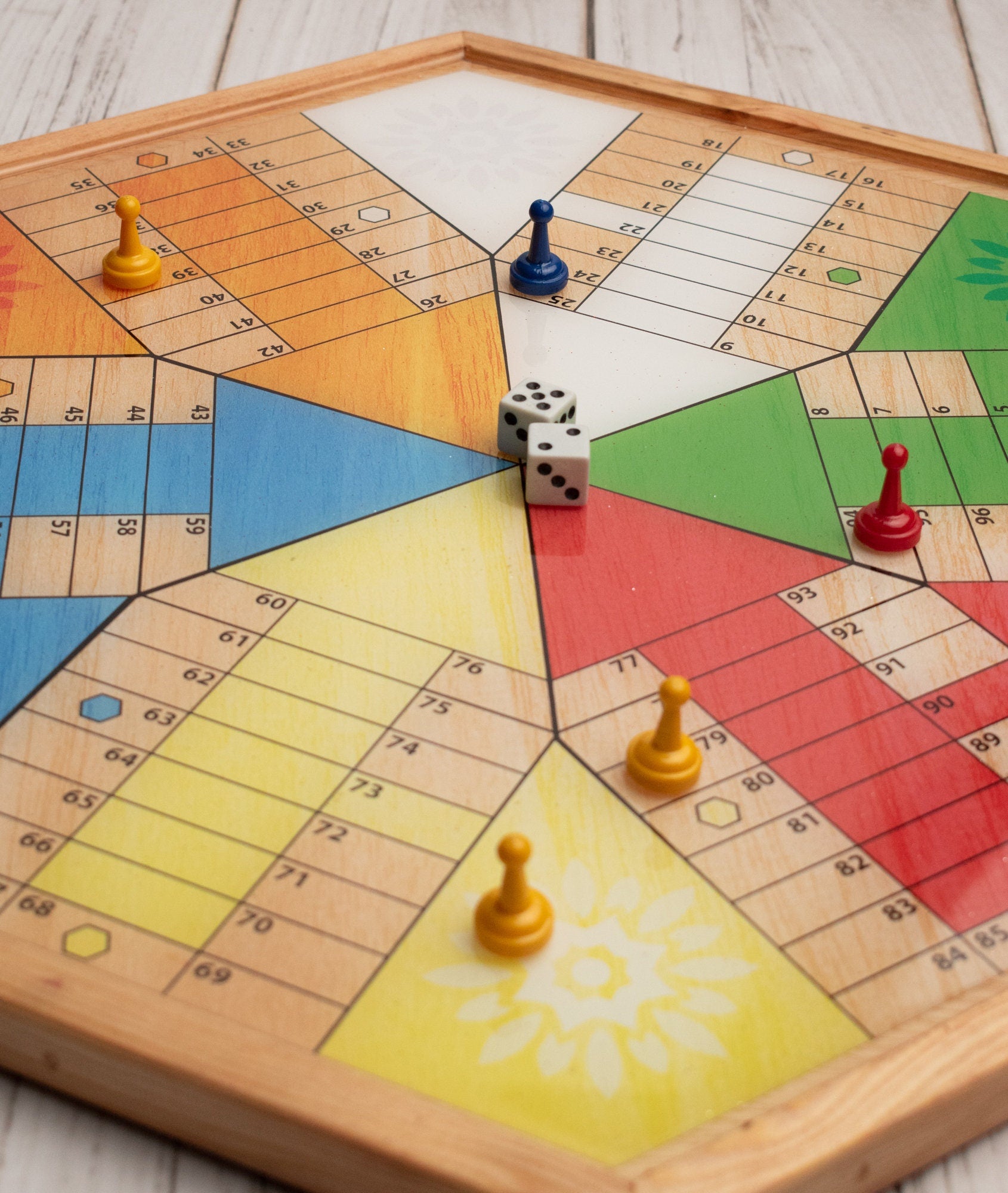 Parcheesi Board for 6 players - ORIGINAL CLASSIC BOARD. Hand Made with Wood, Resin & Glitter. Natural Color