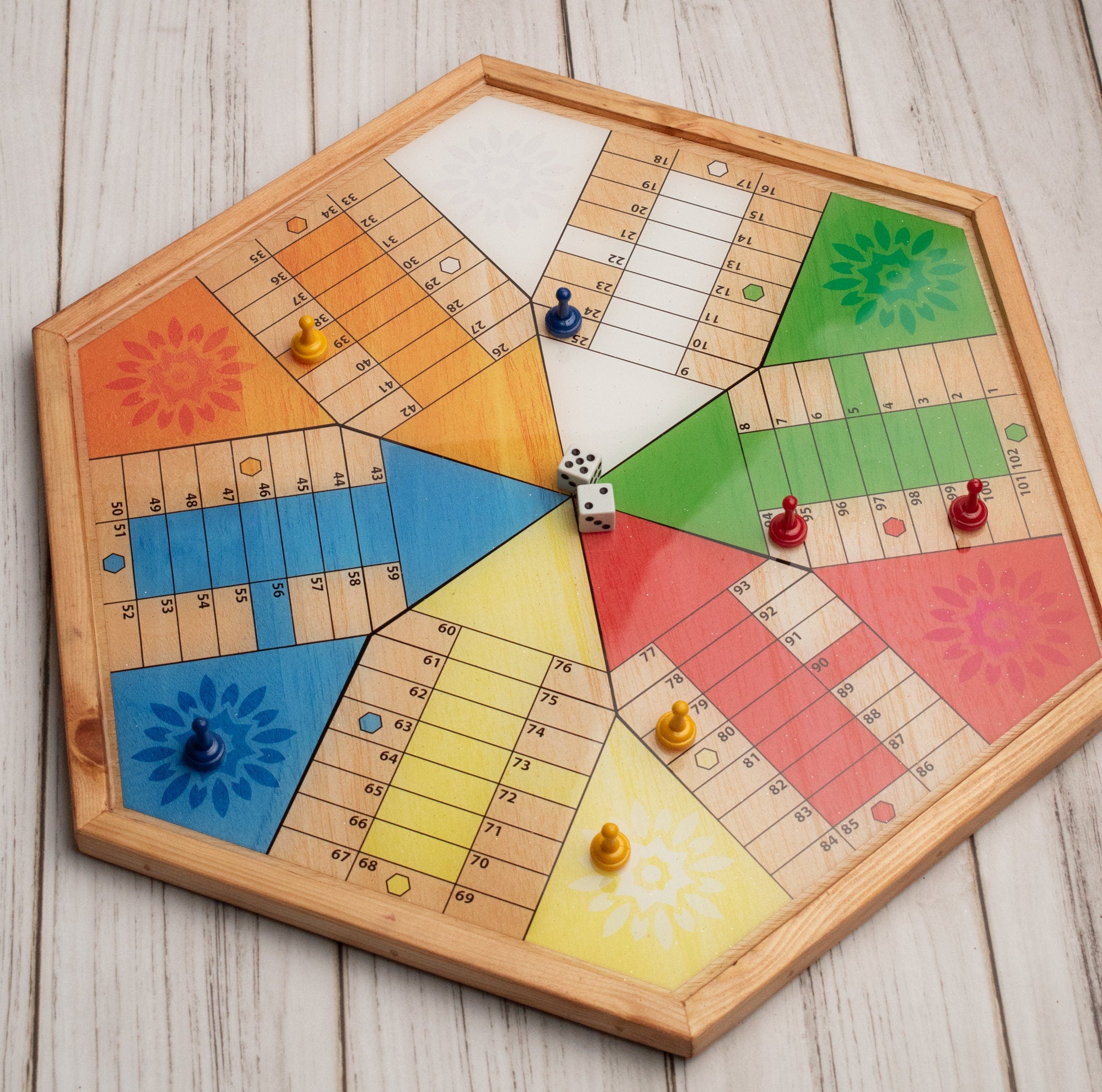 Parcheesi Board for 6 players - ORIGINAL CLASSIC BOARD. Hand Made with Wood, Resin & Glitter. Natural Color