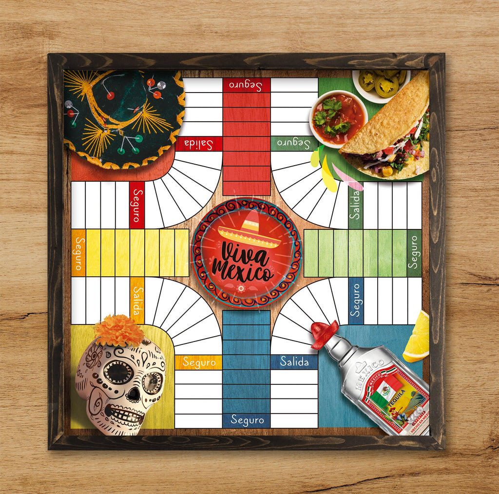 Parcheesi Board for 4 players - MEXICO BOARD. Hand Made with wood, glitter & Resin.