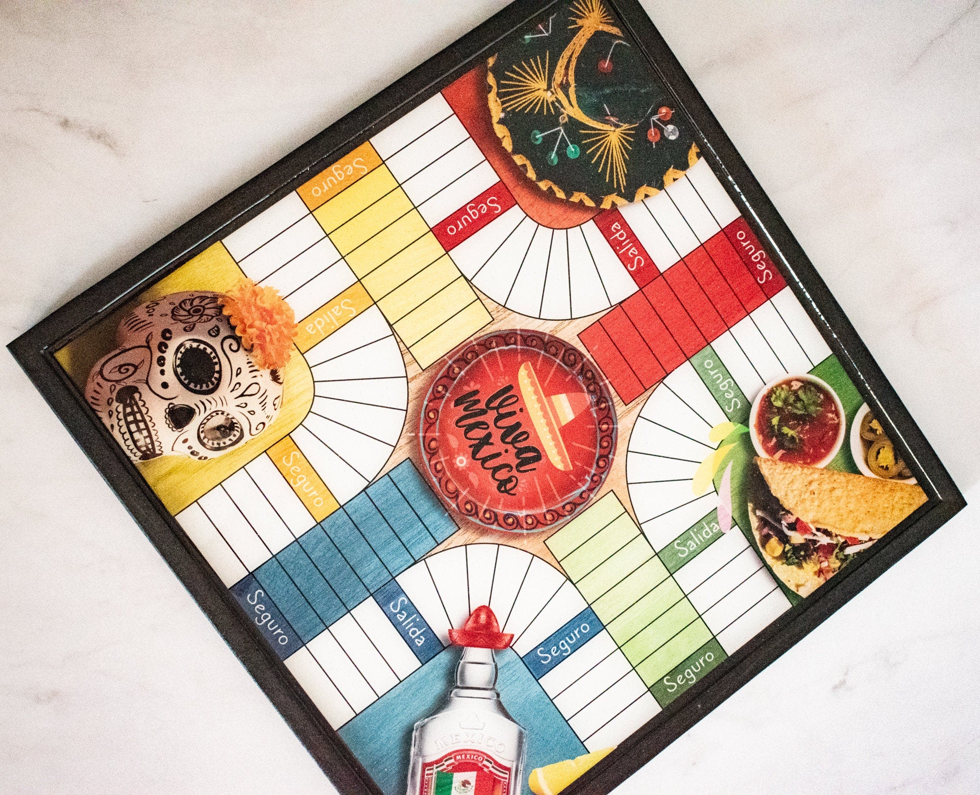 Parcheesi Board for 4 players - MEXICO BOARD. Hand Made with wood, glitter & Resin.