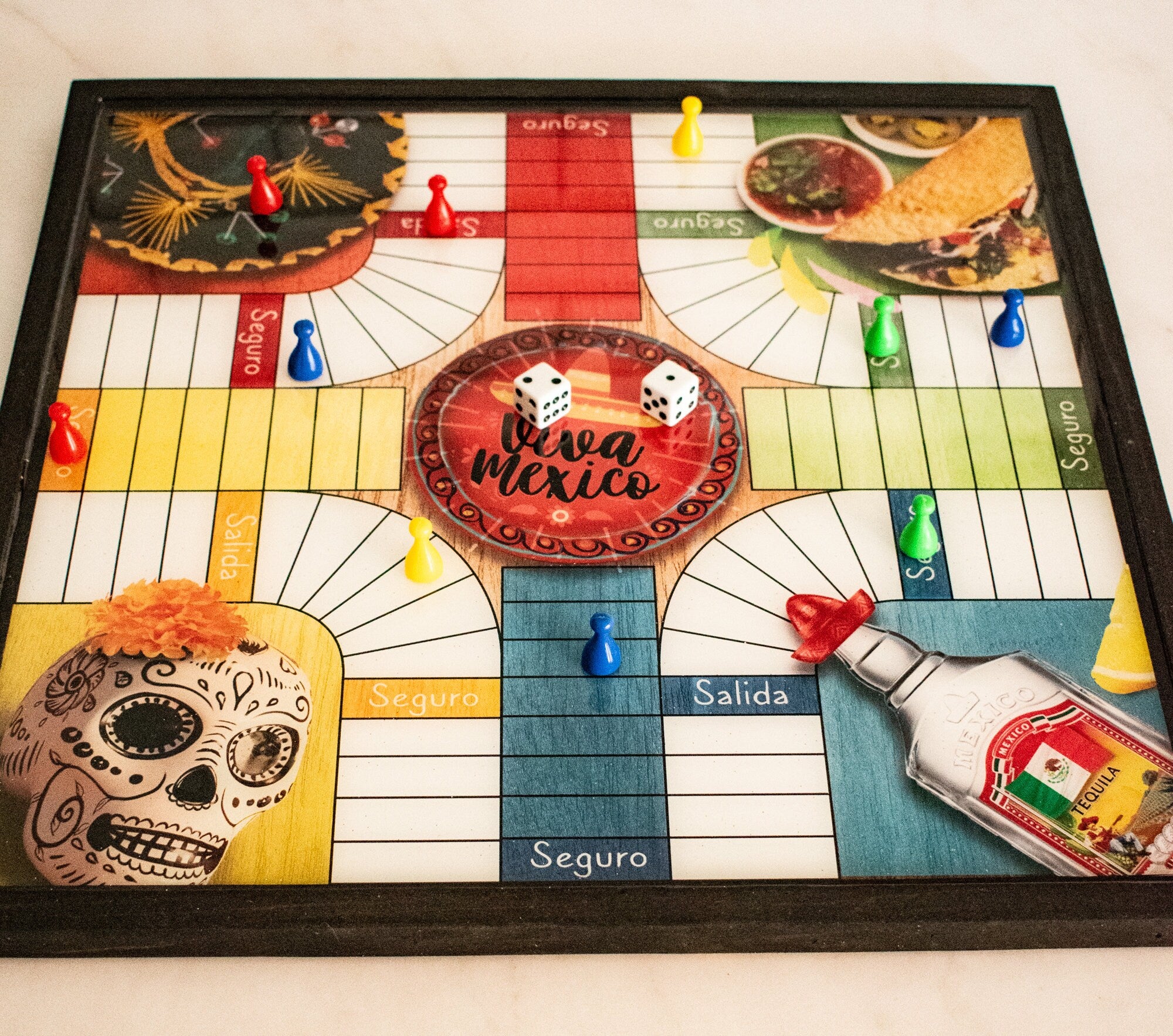 Parcheesi Board for 4 players - MEXICO BOARD. Hand Made with wood, glitter & Resin.
