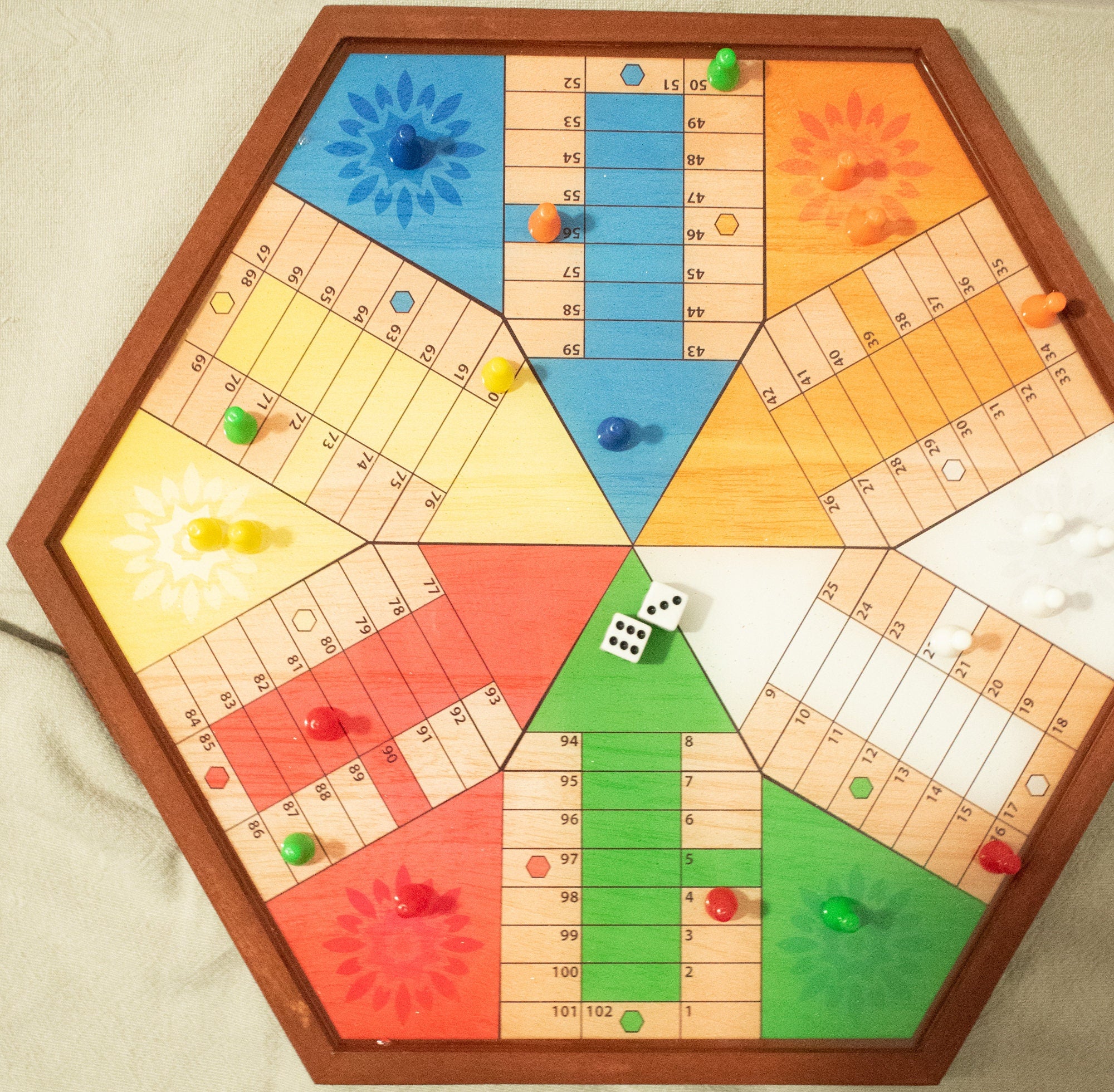 Parcheesi Board for 6 players - ORIGINAL CLASSIC BOARD. Hand Made with Wood, glitter & Resin. Copper Color. Ready to Go
