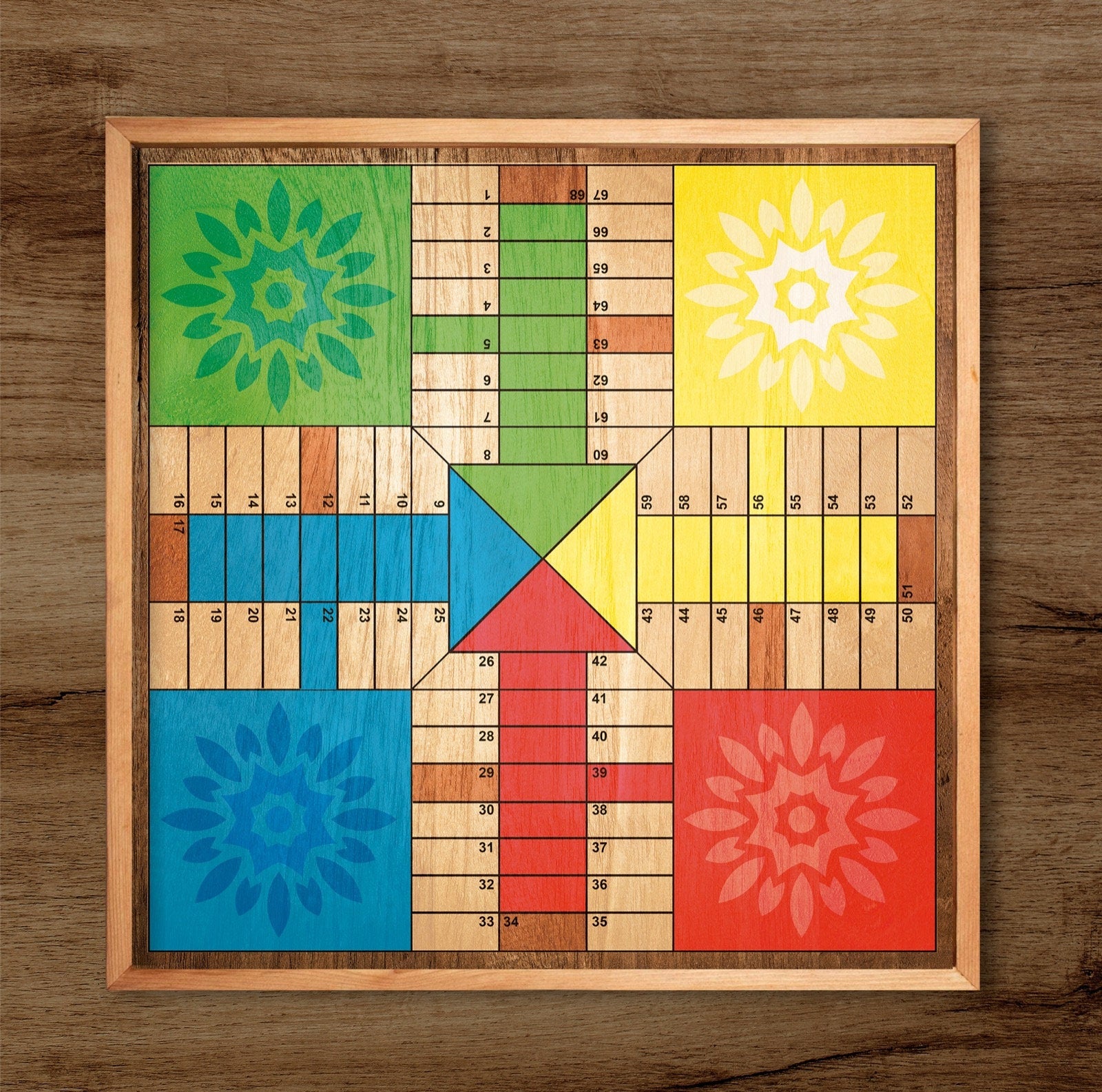 Parcheesi Board for 4 players - ORIGINAL CLASSIC BOARD. Handmade with wood, Resin & Glitter. Yellow, Blue, Green, Red Colors