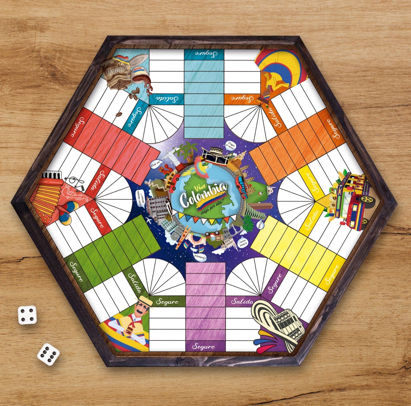 Parcheesi Board for 6 players - COLOMBIAN BOARD. Hand Made with wood & Resin. Espresso Color