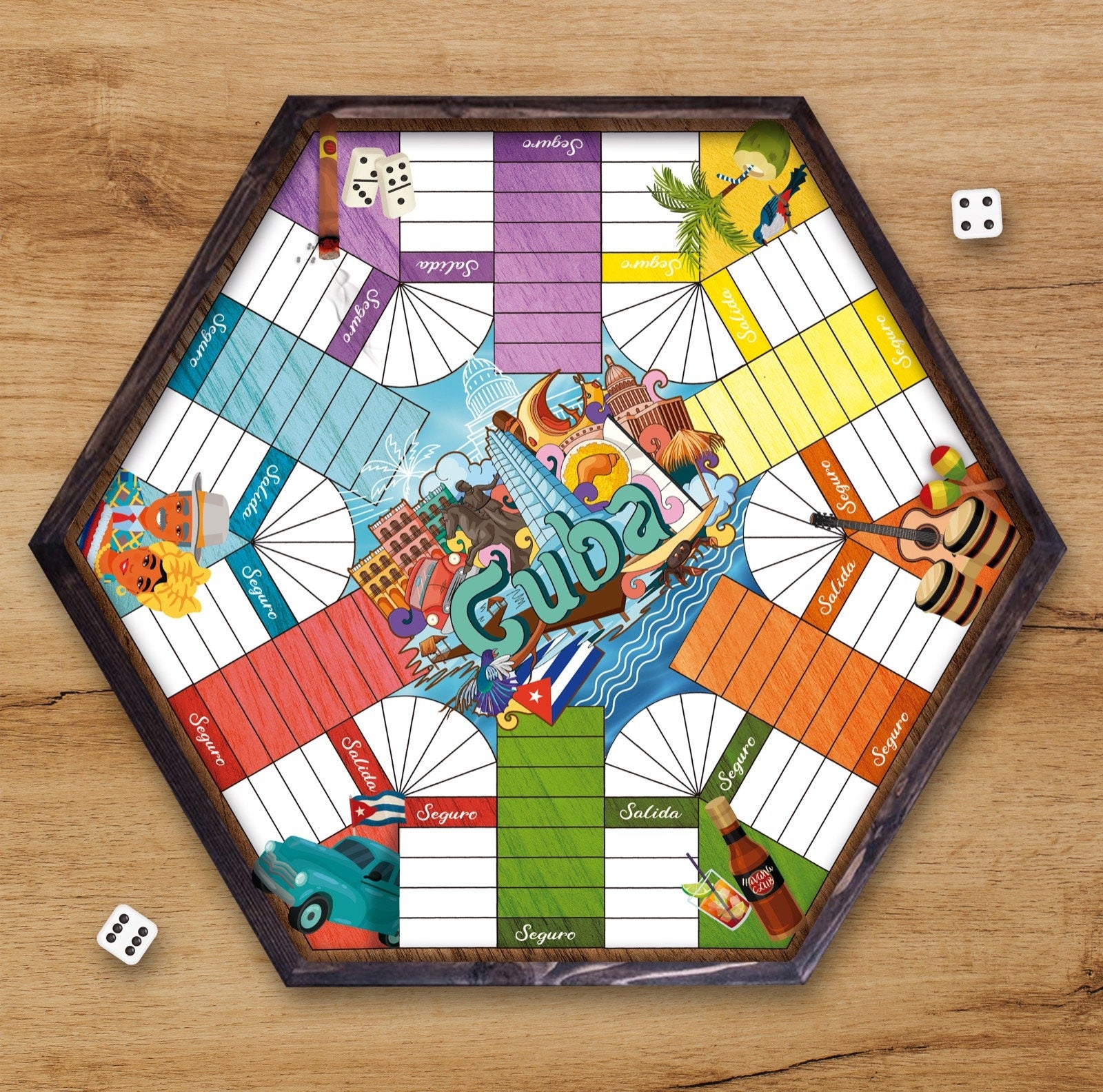 Parcheesi Board for 6  players - CUBA BOARD. Hand Made with wood, Resin & glitter. Espresso Color. Made in Florida USA