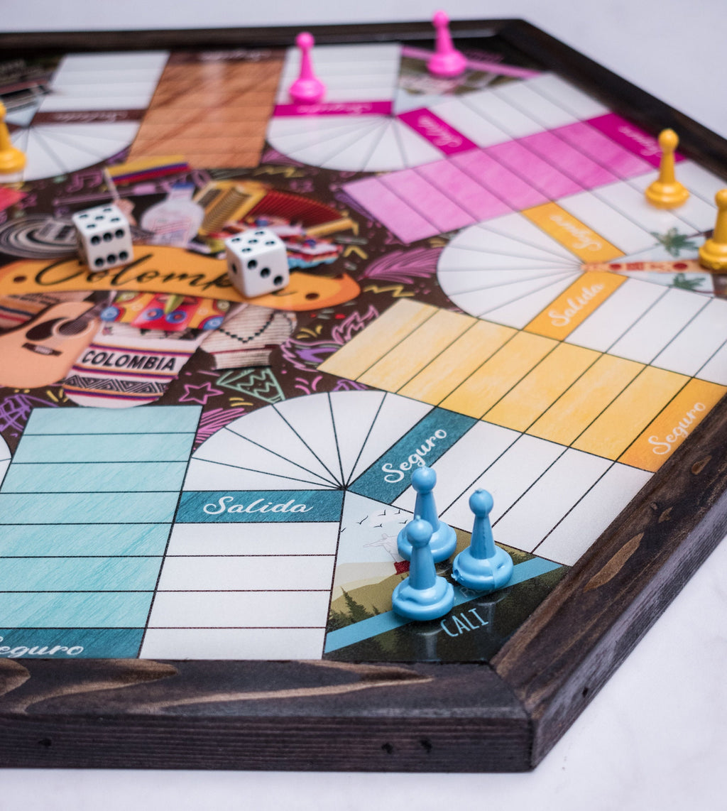 Parcheesi Board for 6 players - COLOMBIAN BOARD. Handmade with wood, Resin & Glitter.