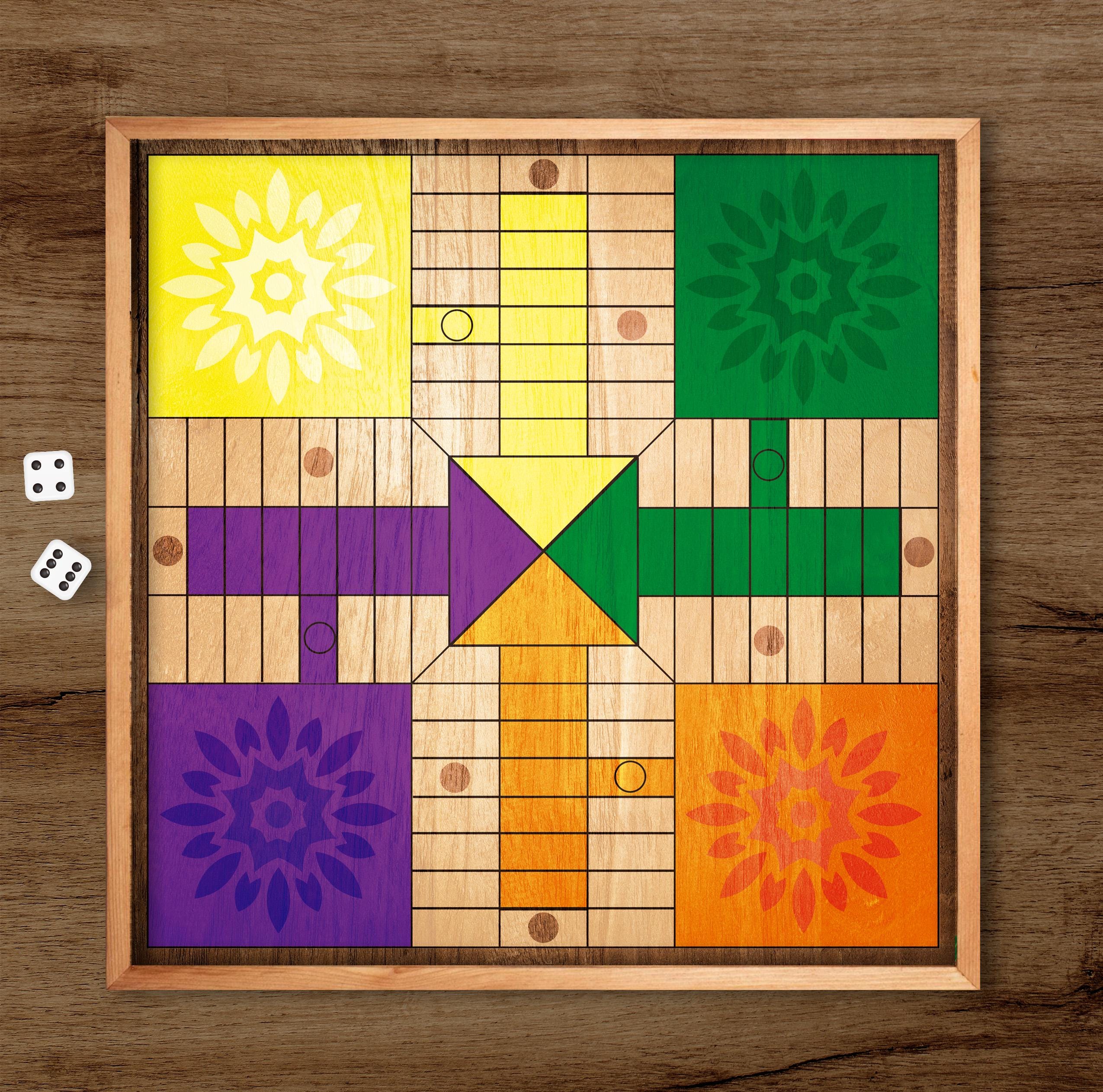Handmade Wooden Parcheesi Board Game: Classic Family Fun game. Finished with resin and glitter. Yellow, Green, Purple, and Orange Colors