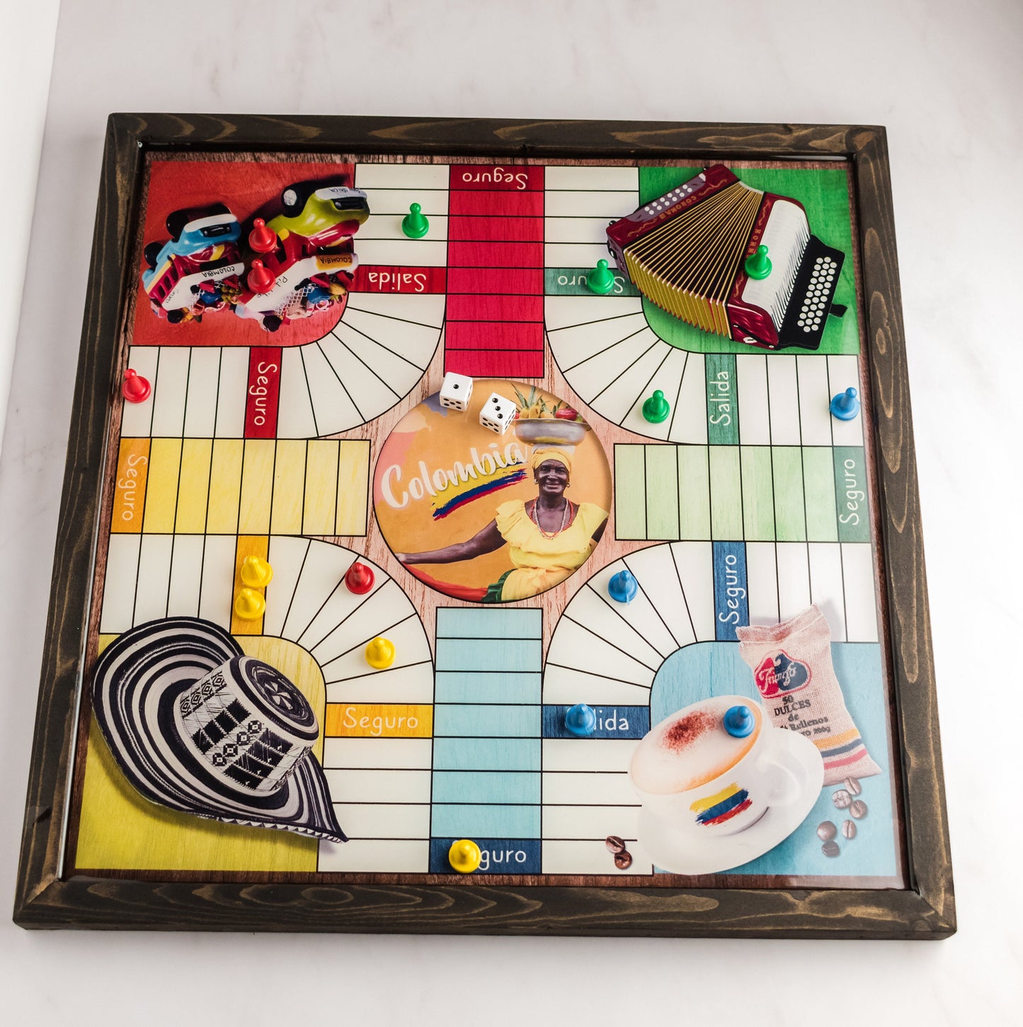 Parcheesi Board for 4 players - COLOMBIA BOARD. Hand Made with wood & Resin.