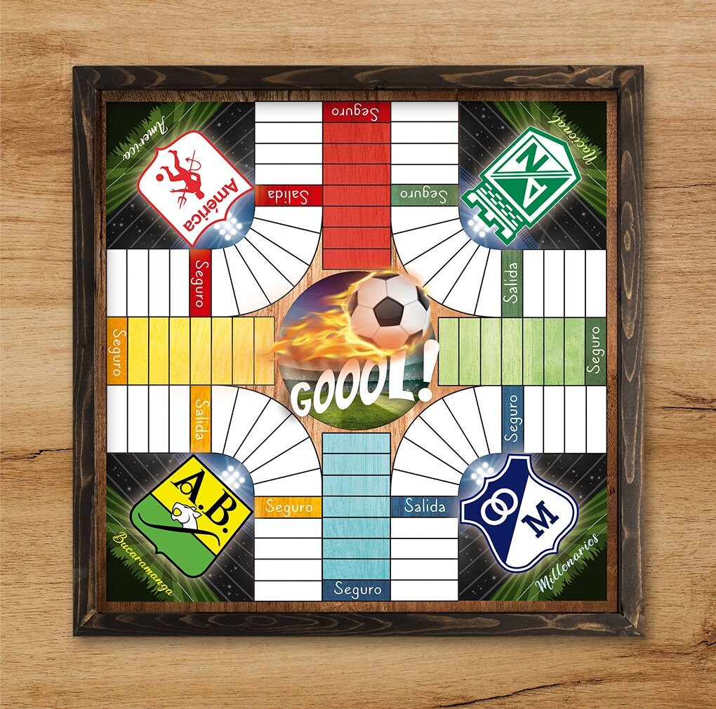 Parcheesi Board for 4 players - COLOMBIAN SOCCER Teams Board . Hand Made with wood & Resin.