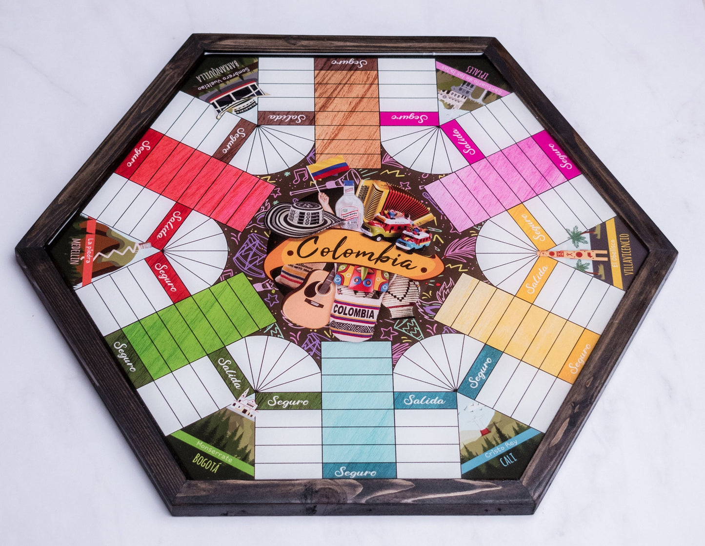 Parcheesi Board for 6 players - COLOMBIA BOARD. Hand Made with wood & Resin. Ready to Send. Espresso Color