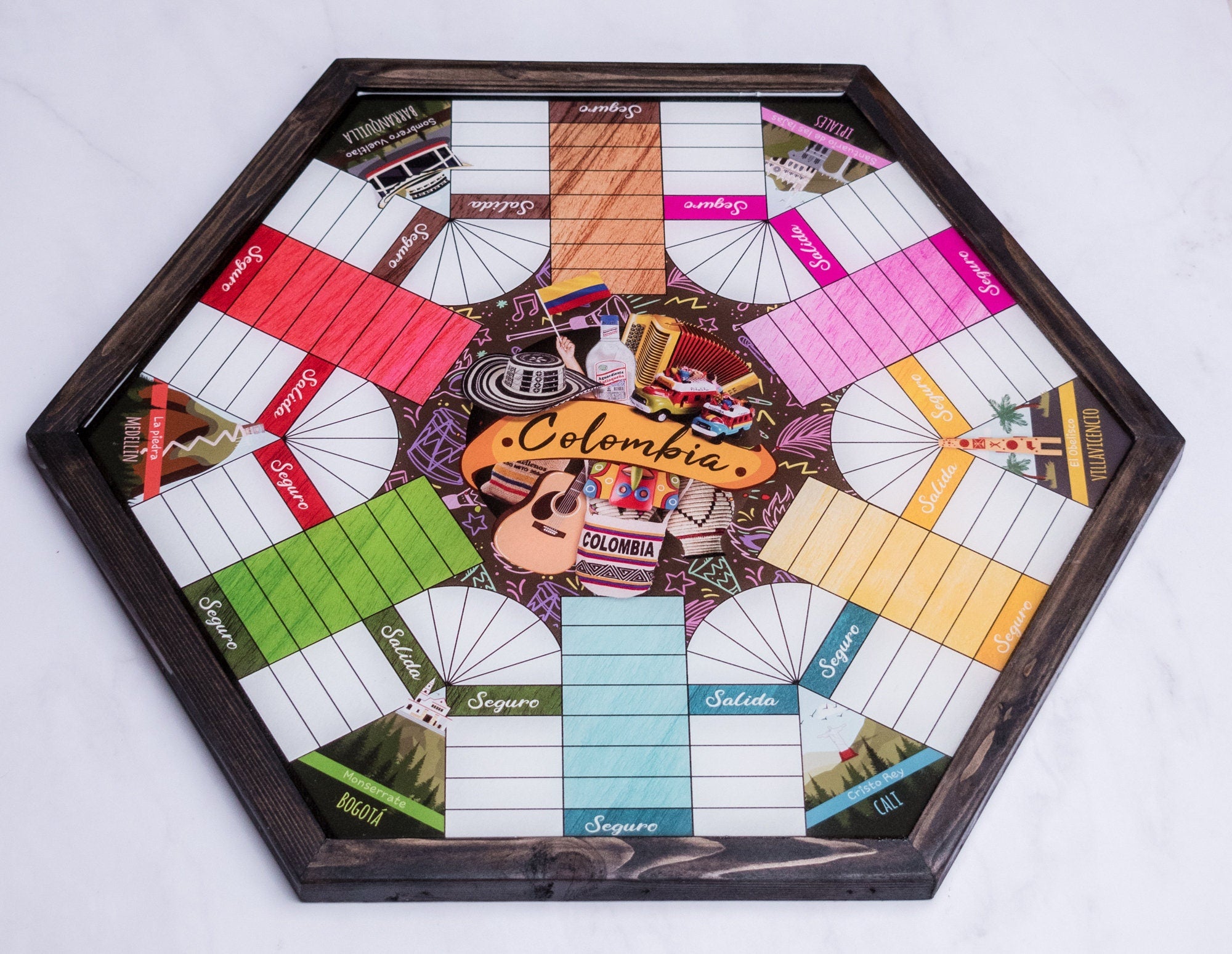 Parcheesi Board for 6 players - COLOMBIA BOARD. Hand Made with wood & Resin. Ready to Send. Espresso Color