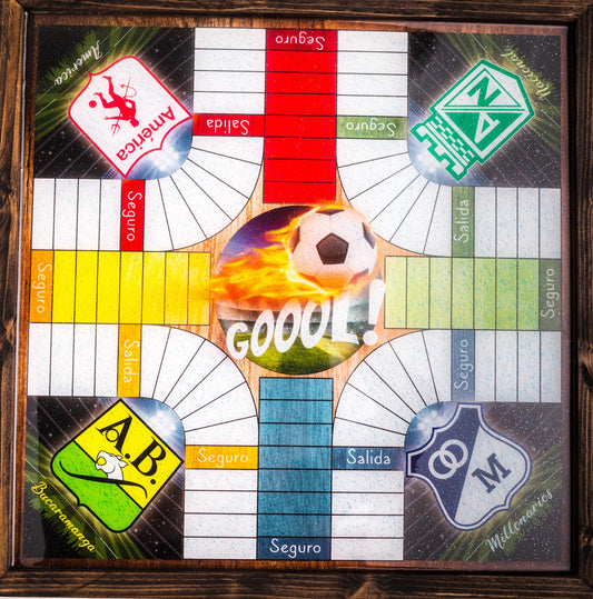 Parcheesi Board for 4 players - COLOMBIAN SOCCER Teams Board . Hand Made with wood & Resin.