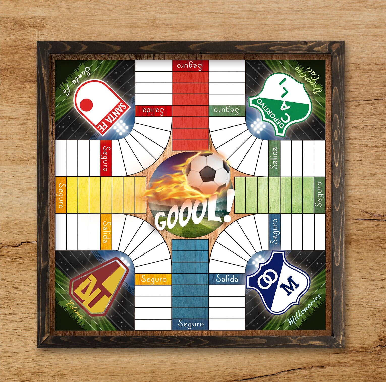 Parcheesi Board for 4 players - COLOMBIAN SOCCER Teams Board . Hand Made with wood & Resin.