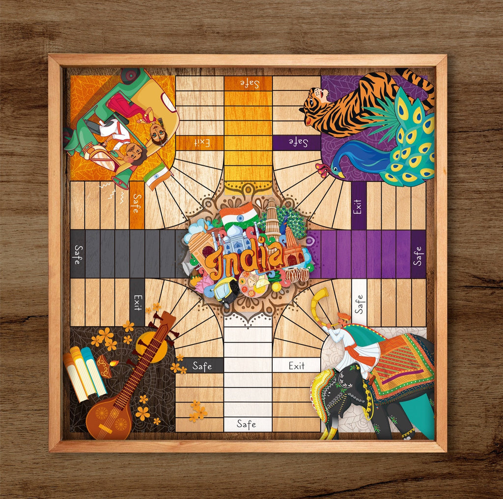 Parcheesi Board for 4 players - INDIA BOARD - Illustrations . Hand Made with wood & Resin.