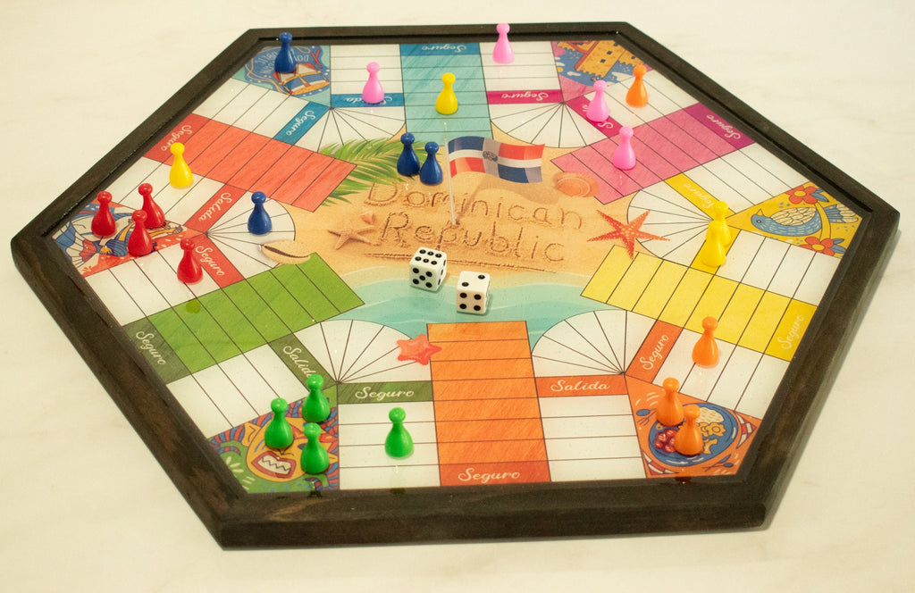 Parcheesi Board for 6 players - Dominican Republic Board. Hand Made with wood & Resin.
