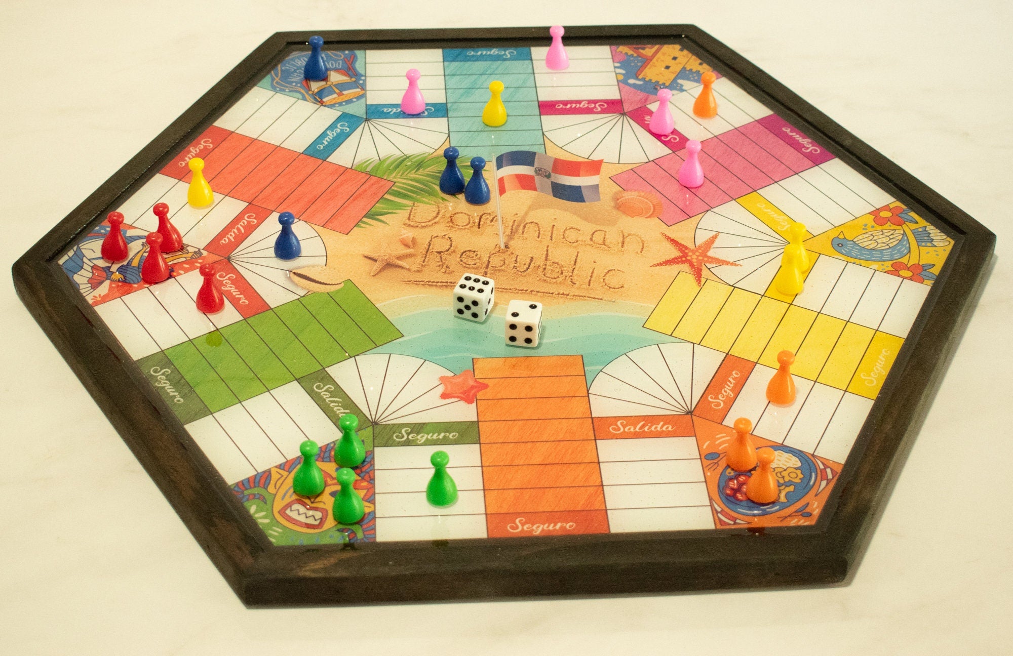 Parcheesi Board for 6 players - Dominican Republic Board. Hand Made with wood & Resin.