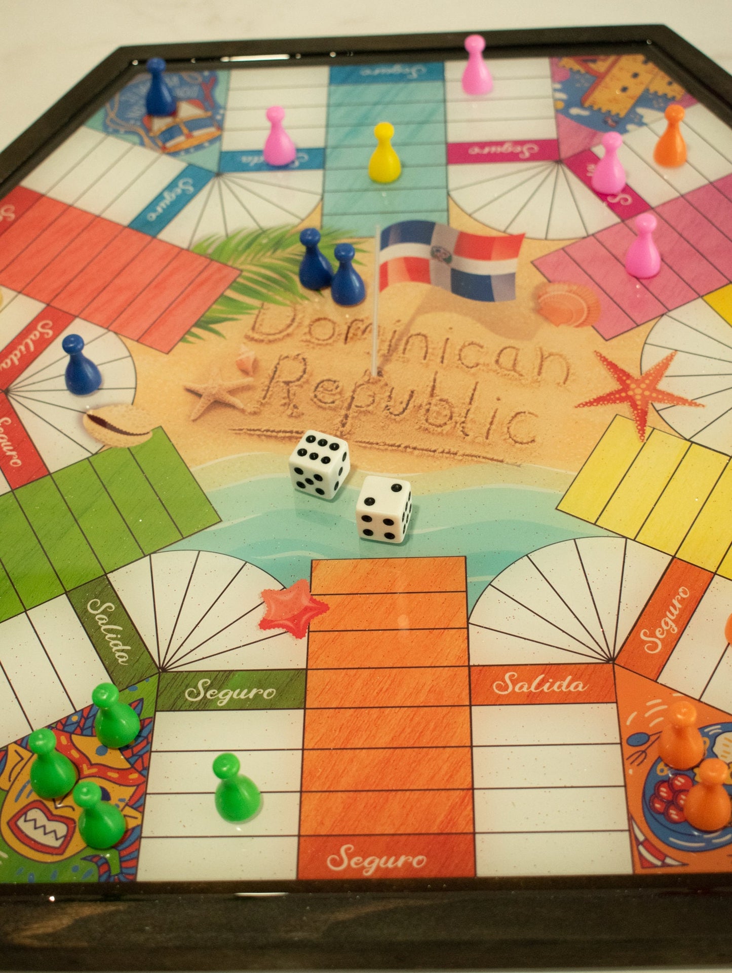 Parcheesi Board for 6 players - Dominican Republic Board. Hand Made with wood & Resin.