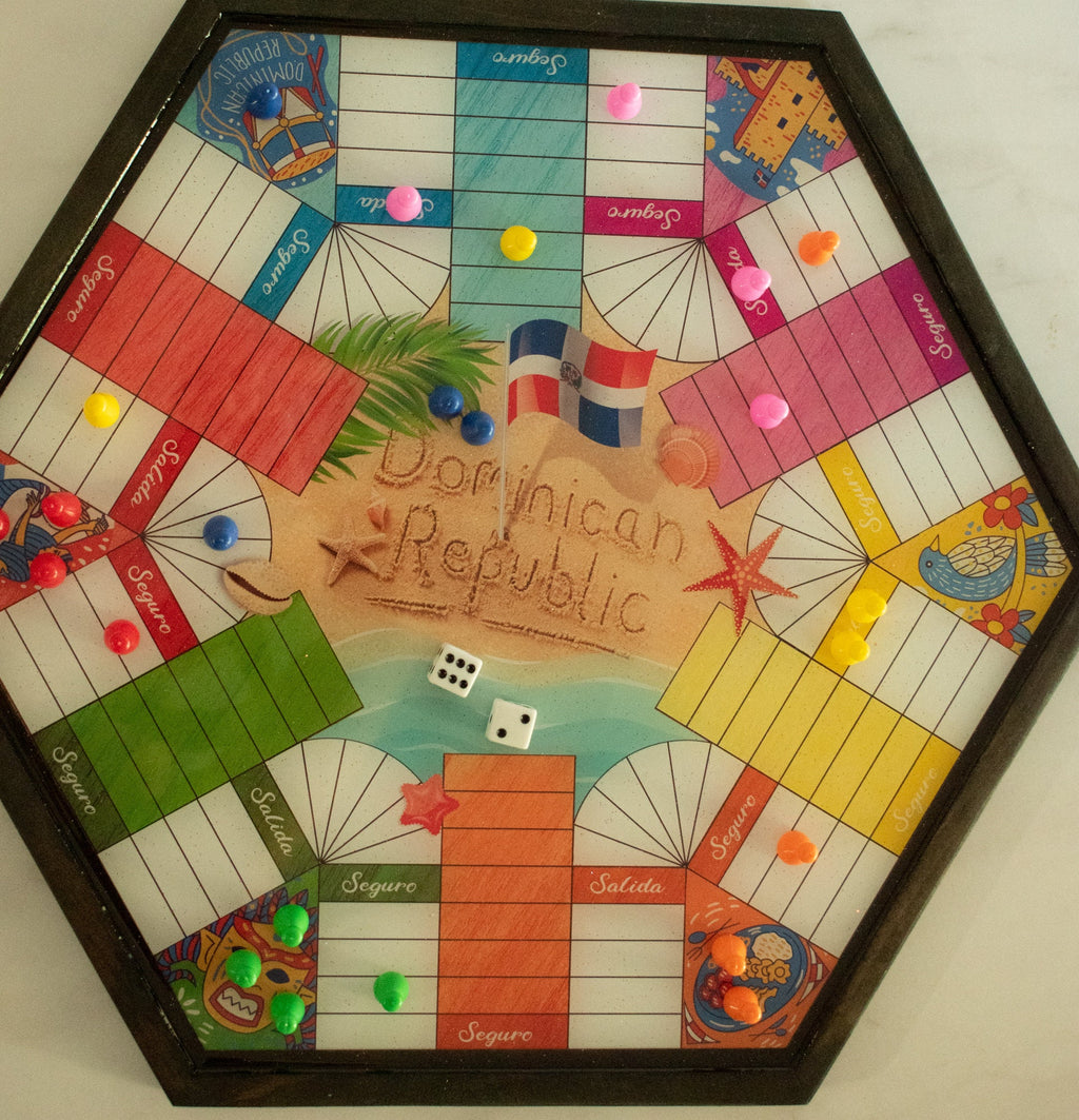 Parcheesi Board for 6 players - Dominican Republic Board. Hand Made with wood & Resin.