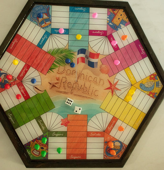 Parcheesi Board for 6 players - Dominican Republic Board. Hand Made with wood & Resin.