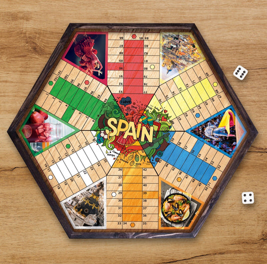 Parcheesi Board for 6 players - SPAIN BOARD. Hand Made with wood & Resin.