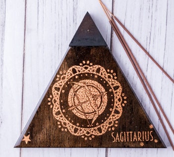 SAGITTARIUS Incense Holder. It's a triangle tray with a Sagittarius Zodiac Sign. Handmade Wood & Resin, resistant to the fire/heat.Espresso