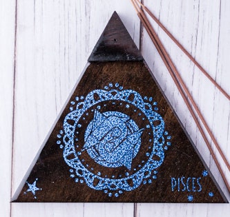 PISCES Incense Holder. It's a triangle tray with a Pisces Zodiac Sign. Handmade with wood & Resin, resistant to the fire/heat.Espresso Color