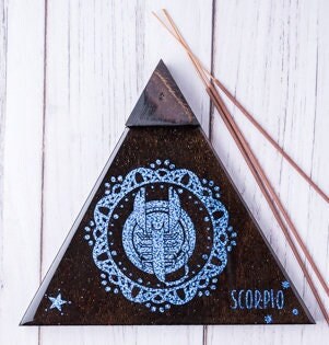 SCORPIO Incense Holder. It's a triangle tray with a Scorpio Zodiac Sign. Handmade with wood & Resin, resistant to the fire/heat. Espresso