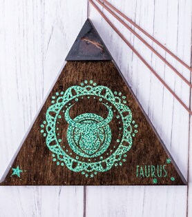 TAURUS Incense Holder. It's a triangle tray with a Taurus Zodiac Sign. Handmade with wood & Resin, resistant to the fire/heat.Espresso Color