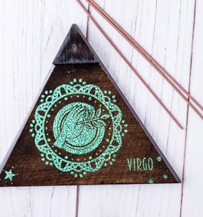 VIRGO Incense Holder. It's a triangle tray with a Virgo Zodiac Sign. Handmade with wood & Resin, resistant to the fire/heat. Espresso Color