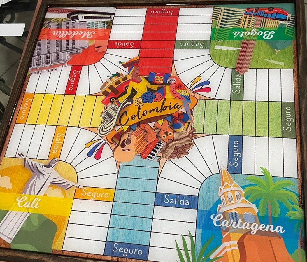 Parcheesi Board for 4 players - COLOMBIA CITIES BOARD. Hand Made with wood & Resin. Ready to Send. Natural Color