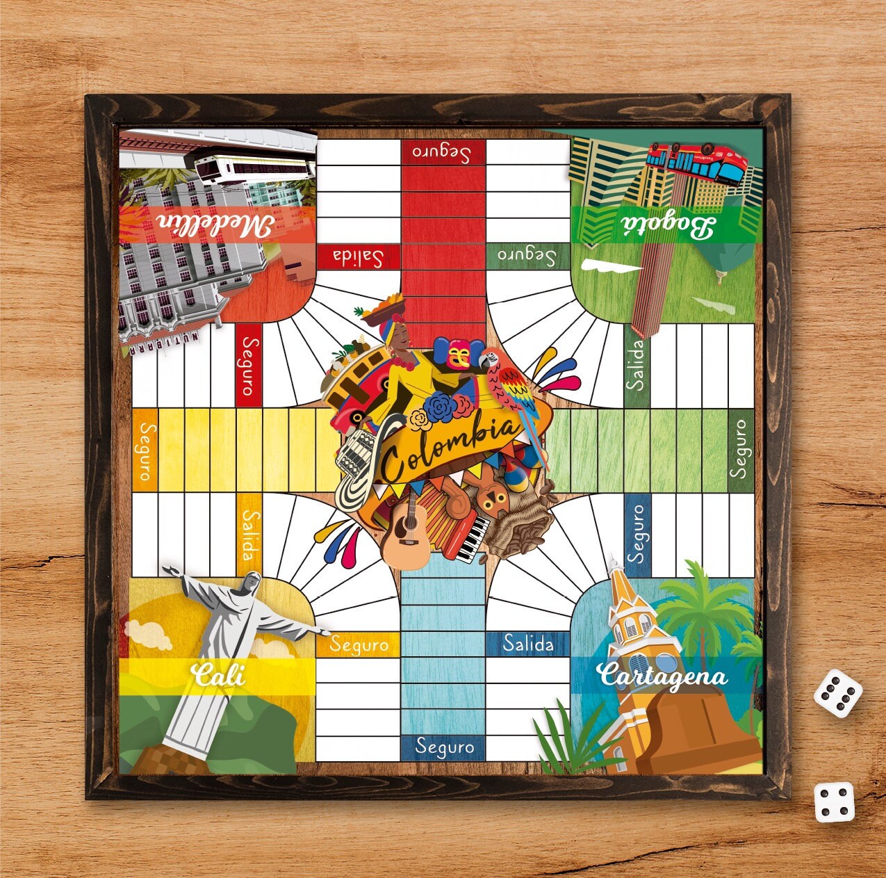 Parcheesi Board for 4 players - COLOMBIA CITIES BOARD. Hand Made with wood & Resin. Ready to Send. Natural Color